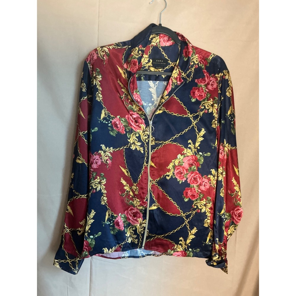 Zara Zip Up Shirt Mens Small Navy Red Floral Chain Skull Relaxed Fit Excellent
